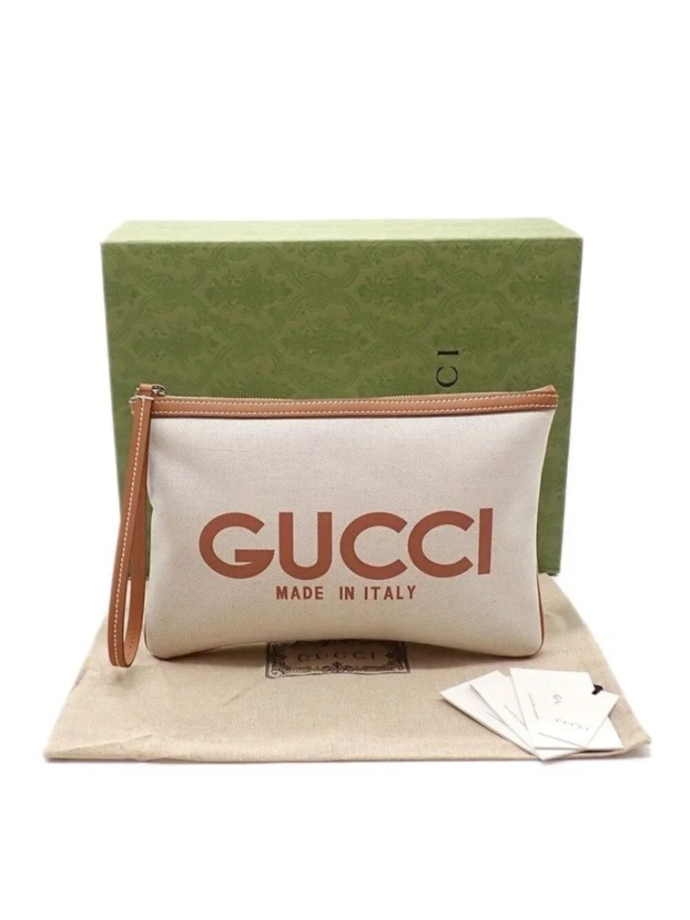 Gucci Clutch Logo Facul Beige Brown Cotton Linen
